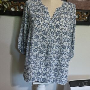 Tahari Blue and White Floral Blouse